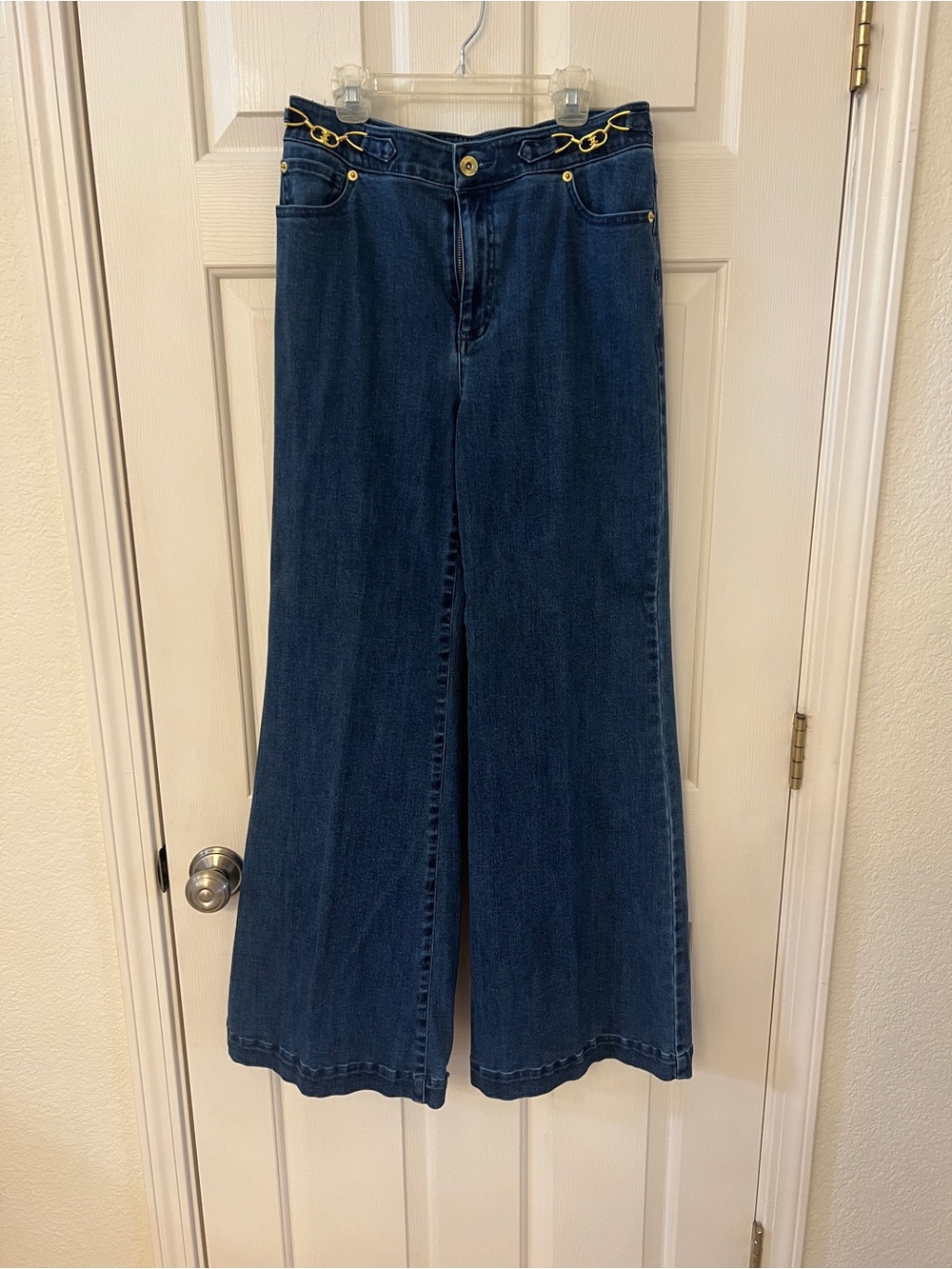 INC International Concepts Dark Blue Wide-Leg Jeans with Gold-Tone Chain Detail